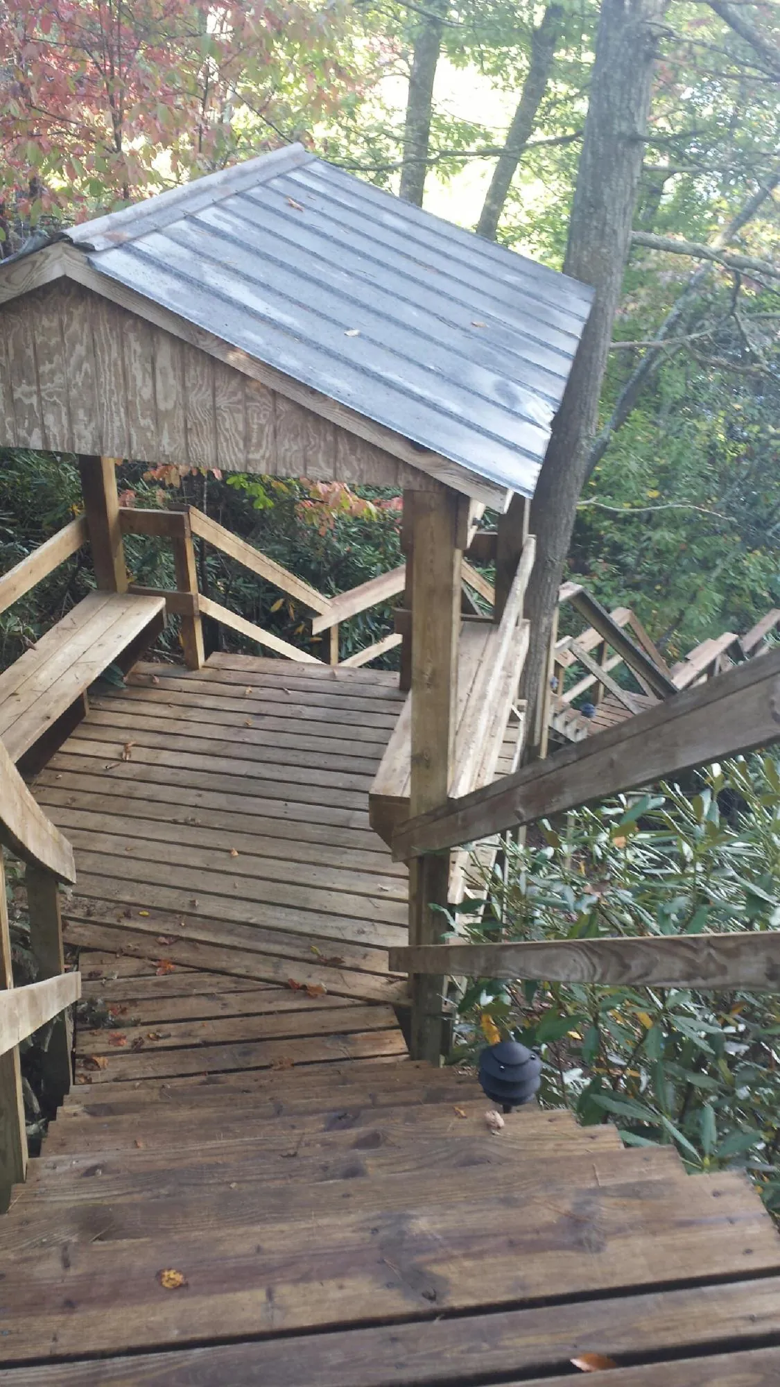 Metal roofed shelter over wooden steps on a wooded walkway — Skylight Repair & Installation work by our crew in East Lynne